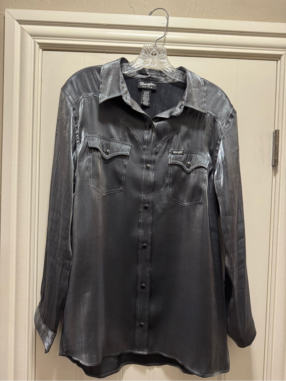 Wrangler Retro Silver Metallic Western Snap Shirt Medium Shimmer Festival Rodeo
